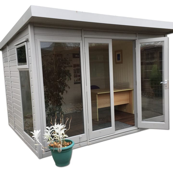 This 10ft x 8ft Studio Pent, is finished in Urban Grey optional painted finish. Other optional extras added to this Studio include, tinted windows, laminate flooring and painted mdf lining and insulation.