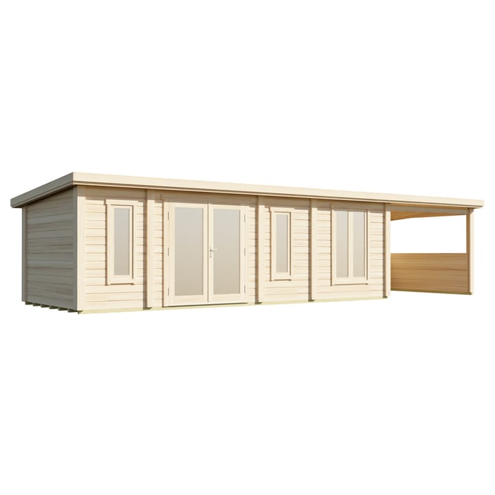 The Lillevilla Pent with Canopy Log Cabin is a stylish and practical addition to any outdoor space, with its sturdy 44mm thick pine log construction and energy-efficient double glazing. Measuring 10.4m by 3m, this cabin is perfectly sized for a variety of uses, from a home office to a cozy retreat. The canopy provides a sheltered outdoor sitting area. It's topped with a durable EPDM roof, ensuring it stands strong against the elements while providing a modern silhouette against any garden backdrop.