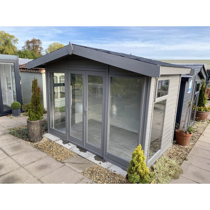 This 10ft x 6ft Studio Apex has the optional 'Urban Grey' painted finish applied. Painted mdf lining and insulation, bitumen felt tiles and a laminate floor are the optional extras added to this garden room.