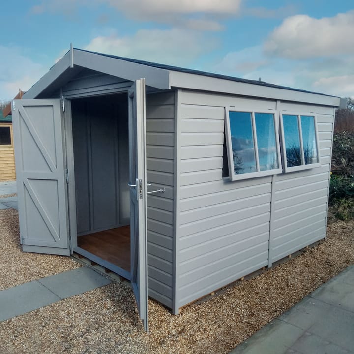 This 8ft x 10ft Heavy Duty Apex is painted in Fleet Grey with a Black Felt tiled roof and Double doors. 