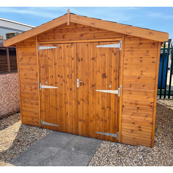 This 10ft x 14ft Heavy Duty Apex is constructed in heavy duty redwood cladding. A roof overhang and opening windows(s) are standard features. Ironmongery is available in a choice of black or as pictured here chrome. Optional felt tiles and double doors have all been added.