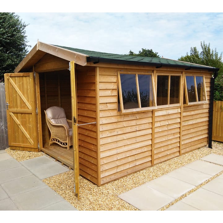 This 10ft x 12ft Malvern Heavy Duty Apex is constructed with heavy duty barnstyle cladding. Optional upgrades as shown include; double doors, guttering and felt tiled roof. Ironmongery is available in black or as picture chrome.