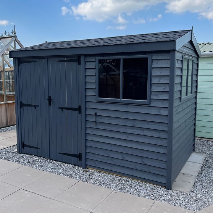 This 10ft x 6ft Heavy Duty Pavilion Apex is constructed in Heavy Duty Barnstyle cladding. A choice of door & window furniture is available in either chrome, or as pictured here black.

There are a number of optional upgrades pictured including; 'Graphite Grey' painted finish, felt tiled roof, double door upgrade and tinted windows upgrade.