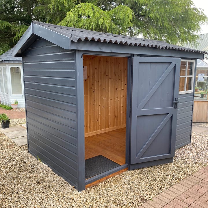 This 10ft x 6ft Heavy Duty Pavilion Apex is constructed in Heavy Duty Redwood cladding. A choice of door & window furniture is available in either chrome, or as pictured here black.

There are a number of optional upgrades pictured including; 'Graphite Grey' painted finish, tongue & groove lining & insulation, onduline roof and Georgian windows upgrade.