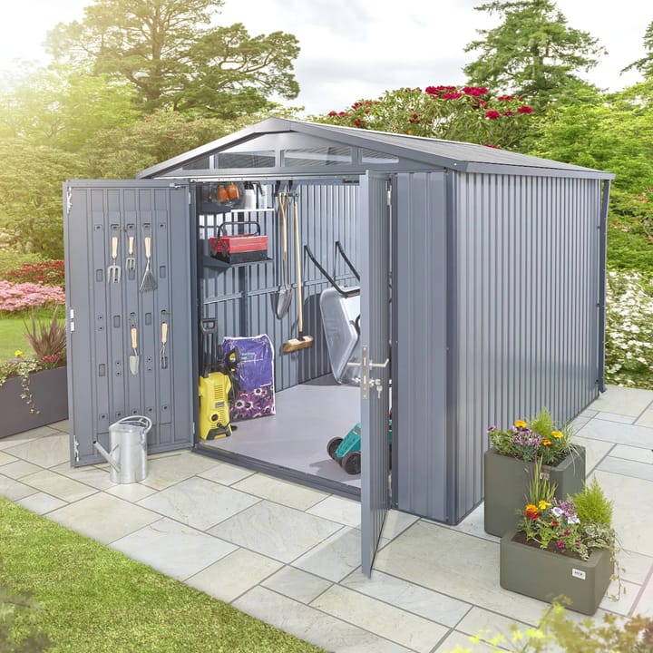 8x10 HEX Alton apex shed in Anthracite Grey. The Apex features double opening doors to the front. The doors include an integrated organisation panel, ideal for hanging garden tools. Acrylic windows are positioned above the doors in the front gable, allowing light through. The Alton is also available in Sage Green.