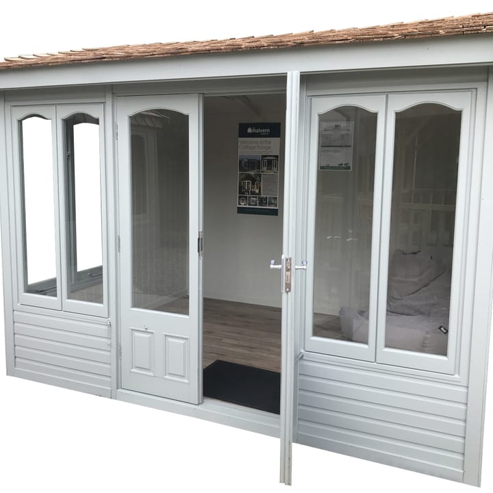 Olive Grey is the chosen colour for this 10ft x 8ft Malvern Astwood summerhouse. Also featured in this photo is the optional laminate floor upgrade. 