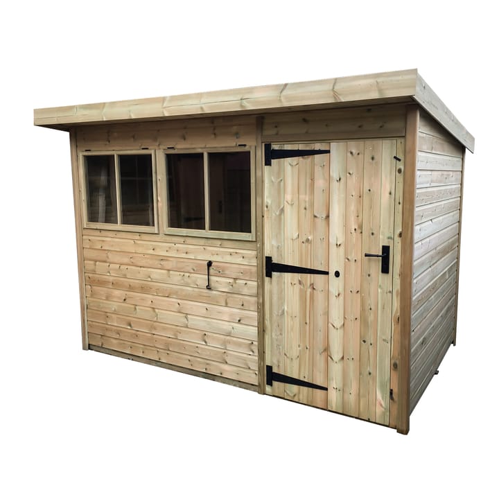 This 10ft x 8ft Heavy Duty Pent is manufactured in heavy duty pressure treated redwood. With the Heavy Duty Pent, you can choose to have the door in either end of the shed or, on the left hand side front - or, like this picture on the right hand side front.

You can also choose to have the door left hand hinged or right hand hinged,