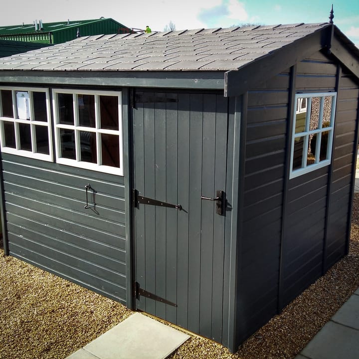 This 10ft x 8ft Heavy Duty Pavilion Apex is constructed in Heavy Duty Redwood cladding. There are a number of optional upgrades pictured including; 'Squid Ink' painted finish, slate effect shingle roof and Georgian windows upgrade.
