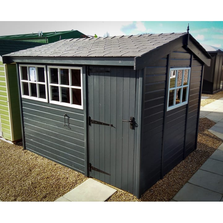 This 10ft x 8ft Heavy Duty Pavilion Apex is constructed in Heavy Duty Redwood cladding. There are a number of optional upgrades pictured including; 'Squid Ink' painted finish, slate effect shingle roof and Georgian windows upgrade.