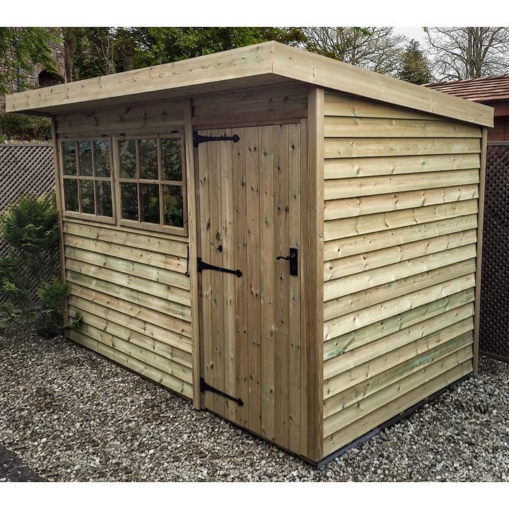 This 10ft x 8ft Heavy Duty Pent has been cladding with Heavy Duty Barnstyle timber. An effective pressure treated timber option, that is 23mm thick featheredge board. It is planed smooth on the inside of the shed and rough sawn on the outside, giving the timber that 'rustic' look.

For this building, the optional Georgian window upgrade has been chosen.