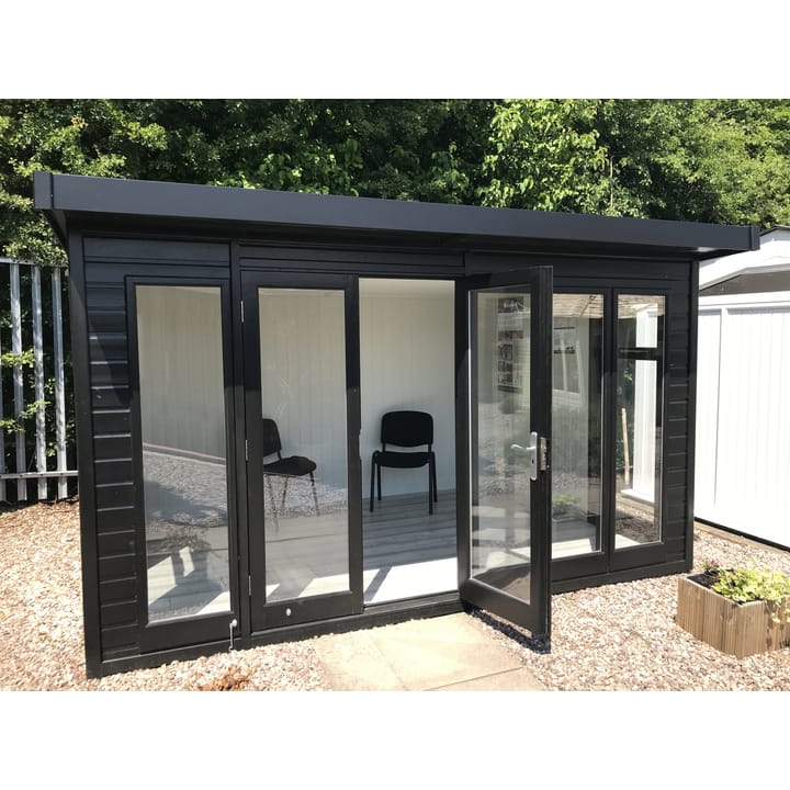 12ft x 8ft Malvern Studio Pent finished in optional Black painted colour. Optional laminate flooring, painted mdf lining and insulation have also been selected.