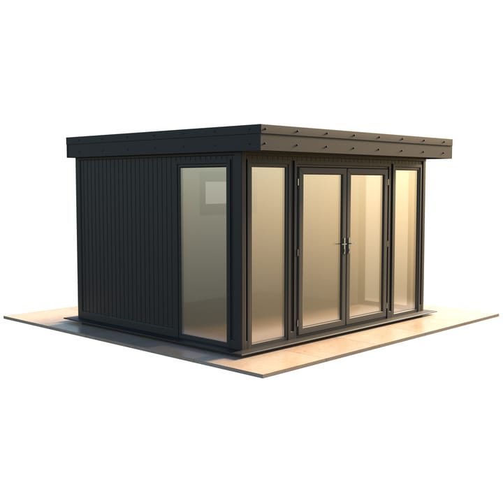 Malvern Hanley 12ft x 10ft in optional Graphite Grey painted finish.

The Hanley features glass to ground double glazed windows and doors, an EPDM roof and 2 privacy vent windows to the rear. 

Optional MDF lining and insulation and laminate flooring are shown on this model.