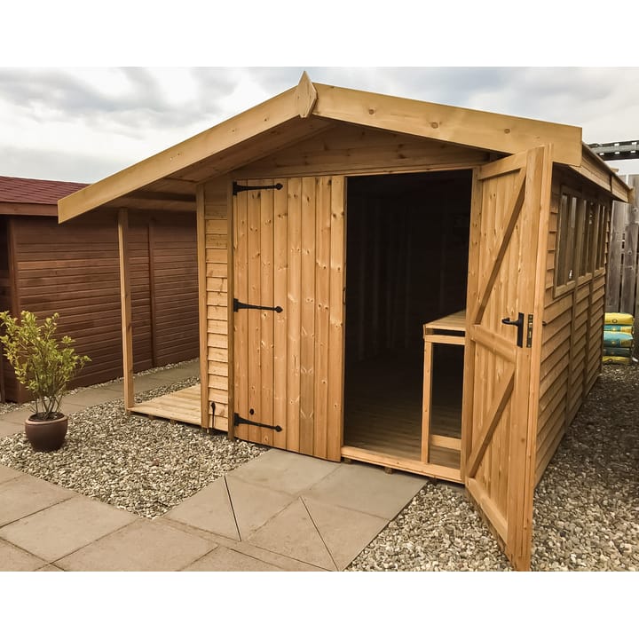 This 12ft x 8ft Heavy Duty Apex shed is constructed in Heavy Duty Barnstyle cladding. The shed has a number of optional upgrades including; a pressure treated slatted roof, double doors, a workbench to length and a 3ft logstore to the left hand side of the shed.