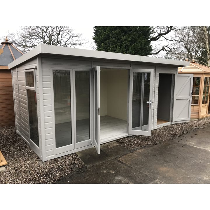 This 12ft x 8ft Studio Pent has a 4ft shed extension to the right hand end, meaning the overall size of this building is 16ft x 8ft. 'Fleet Grey' optional painted finish, tinted glass upgrade, laminate flooring and painted mdf lining and insulation round off the other upgrades added to this building.