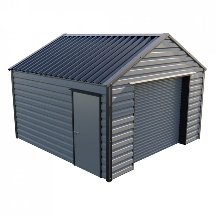 This Lifelong Apex workshop is 13ft wide x 13ft 6in long and is finished in Anthracite colour. The roller shutter is 2.44m wide allowing for easy access. The personnel door can be positioned on either the left or the right and can be hinged on either side.