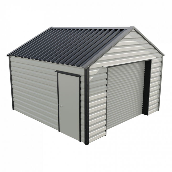 This Lifelong Apex workshop is 13ft wide x 13ft 6in long and is finished in Goosewing Grey colour. The roller shutter is 2.44m wide allowing for easy access. The personnel door can be positioned on either the left or the right and can be hinged on either side.