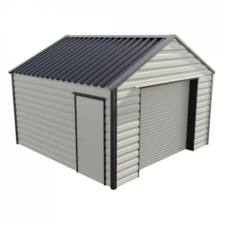 This Lifelong Apex workshop is 13ft wide x 13ft 6in long and is finished in Goosewing Grey colour. The roller shutter is 2.44m wide allowing for easy access. The personnel door can be positioned on either the left or the right and can be hinged on either side.