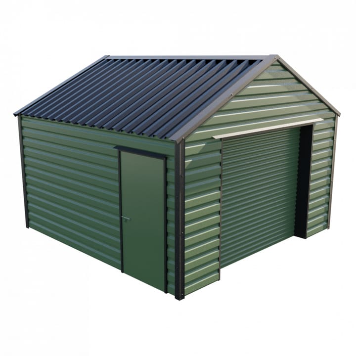 This Lifelong Apex workshop is 13ft wide x 13ft 6in long and is finished in Olive colour. The roller shutter is 2.44m wide allowing for easy access. The personnel door can be positioned on either the left or the right and can be hinged on either side.