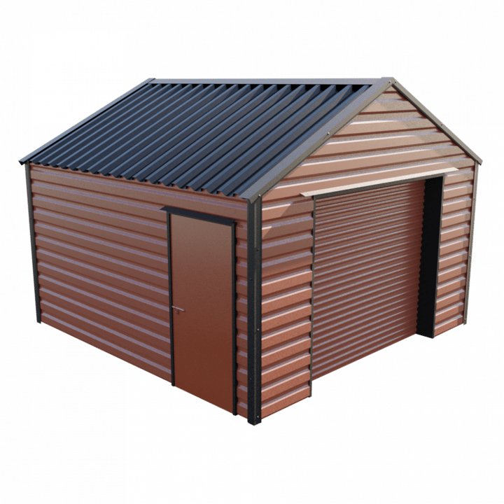 This Lifelong Apex workshop is 13ft wide x 13ft 6in long and is finished in Terracotta colour. The roller shutter is 2.44m wide allowing for easy access. The personnel door can be positioned on either the left or the right and can be hinged on either side.