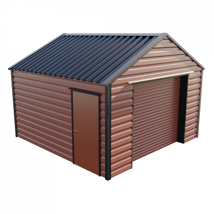 This Lifelong Apex workshop is 13ft wide x 13ft 6in long and is finished in Terracotta colour. The roller shutter is 2.44m wide allowing for easy access. The personnel door can be positioned on either the left or the right and can be hinged on either side.