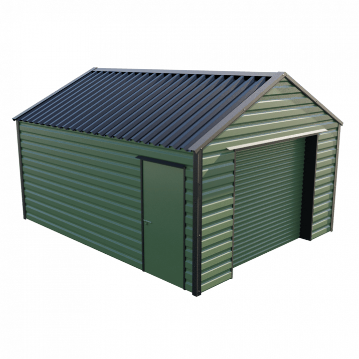 This Lifelong Apex workshop is 13ft wide x 16ft 9in long and is finished in Olive colour. The roller shutter is 2.44m wide allowing for easy access. The personnel door can be positioned on either the left or the right and can be hinged on either side.