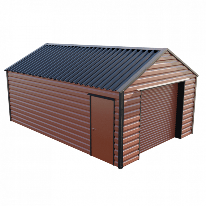 This Lifelong Apex workshop is 13ft wide x 20ft long and is finished in Terracotta colour. The roller shutter is 2.44m wide allowing for easy access. The personnel door can be positioned on either the left or the right and can be hinged on either side.