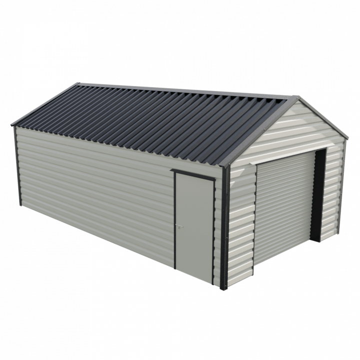 This Lifelong Apex workshop is 13ft wide x 23ft 3in long and is finished in Goosewing Grey colour. The roller shutter is 2.44m wide allowing for easy access. The personnel door can be positioned on either the left or the right and can be hinged on either side.