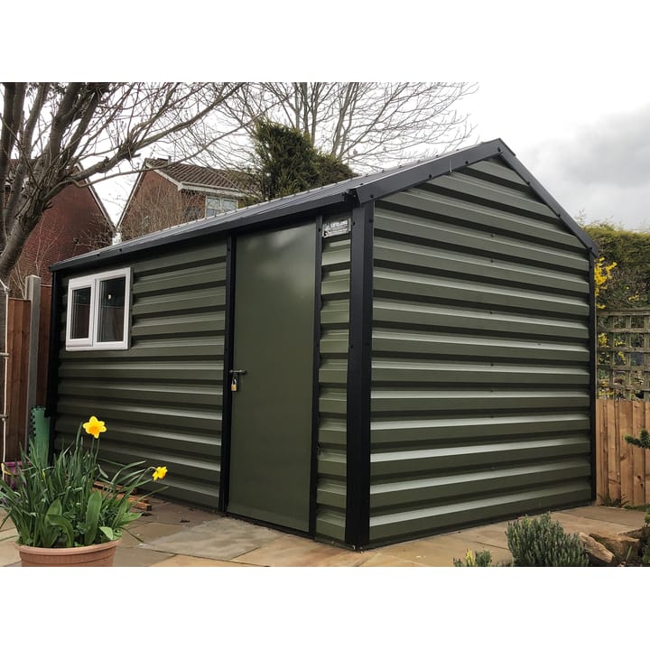 This 8ft wide x 13ft long Lifelong Apex has had the optional double door upgrade. The window has also been moved from the front to the side of the building, another optional upgrade.