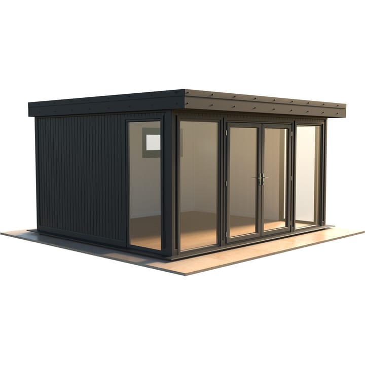 Malvern Hanley 14ft x 12ft in optional Graphite Grey painted finish.

The Hanley features glass to ground double glazed windows and doors, an EPDM roof and 2 privacy vent windows to the rear. 

Optional MDF lining and insulation and laminate flooring are shown on this model.