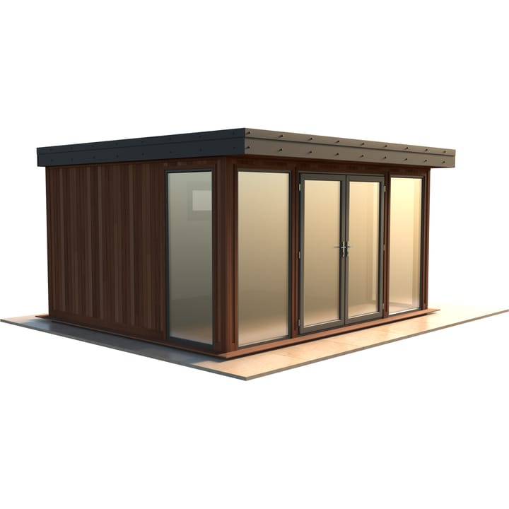 Malvern Hanley 14ft x 12ft in Cedar cladding.

The Hanley features glass to ground double glazed windows and doors, an EPDM roof and 2 privacy vent windows to the rear. 

Optional MDF lining and insulation and laminate flooring are shown on this model.