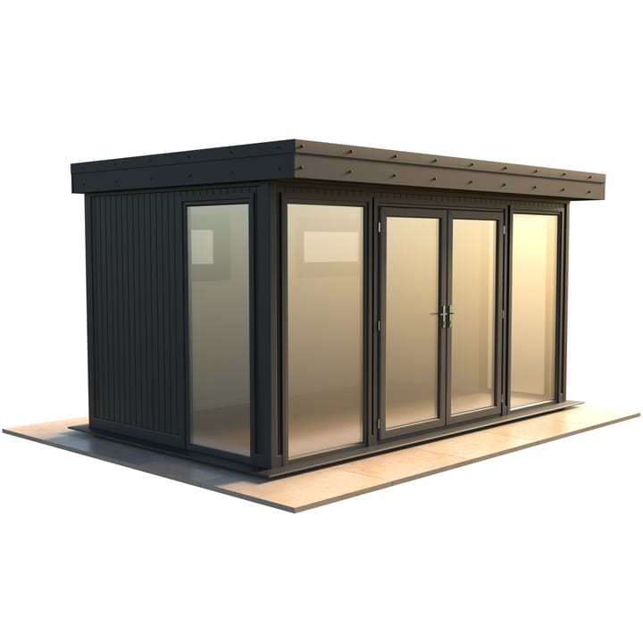 Malvern Hanley 14ft x 8ft in optional Graphite Grey painted finish.

The Hanley features glass to ground double glazed windows and doors, an EPDM roof and 2 privacy vent windows to the rear. 

Optional MDF lining and insulation and laminate flooring are shown on this model.