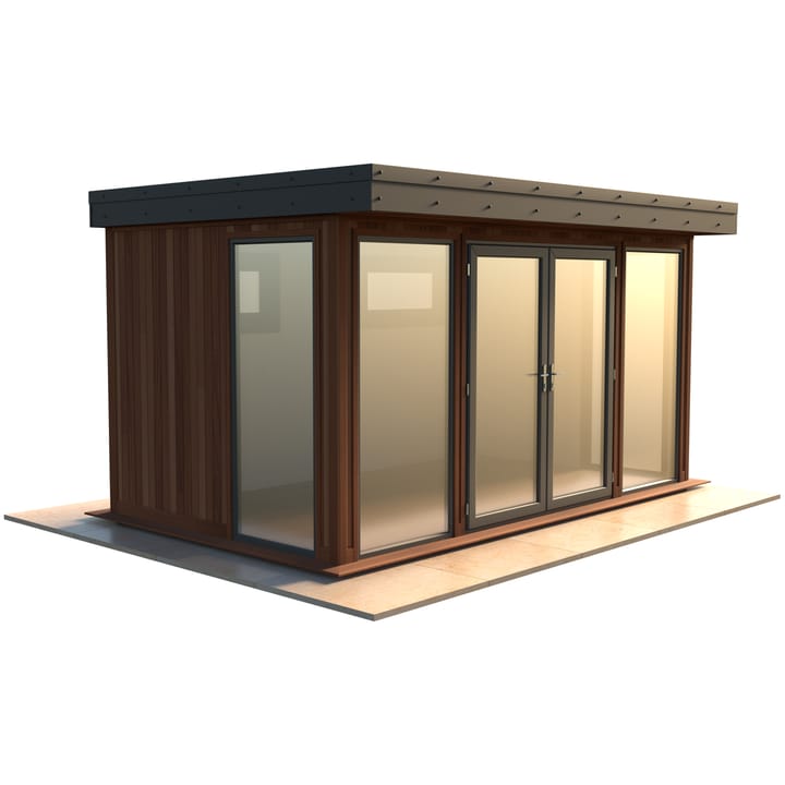 Malvern Hanley 14ft x 8ft in Cedar cladding.

The Hanley features glass to ground double glazed windows and doors, an EPDM roof and 2 privacy vent windows to the rear. 

Optional MDF lining and insulation and laminate flooring are shown on this model.