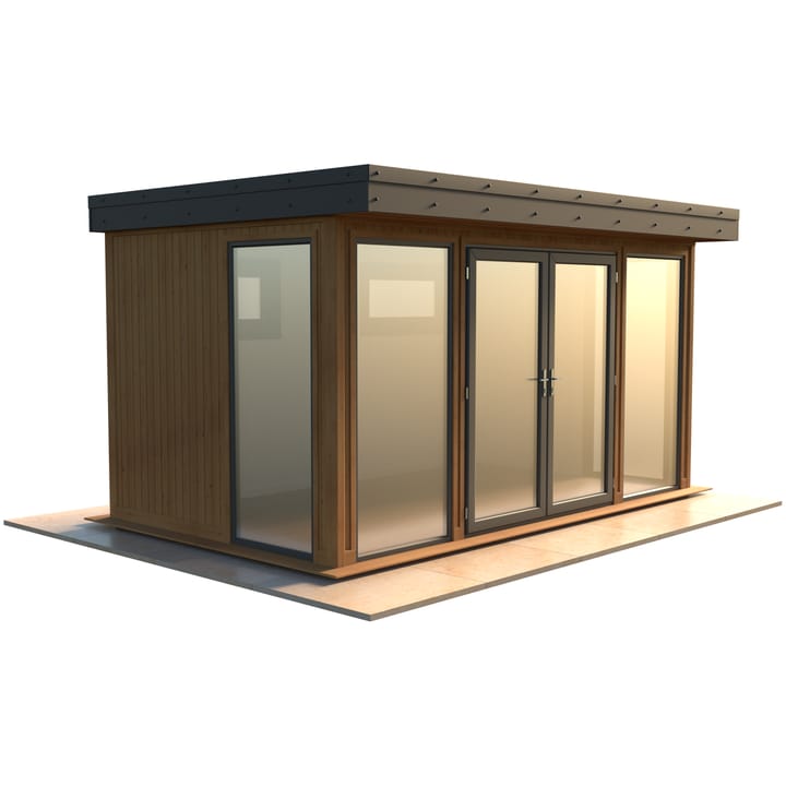 Malvern Hanley 14ft x 8ft in Redwood cladding.

The Hanley features glass to ground double glazed windows and doors, an EPDM roof and 2 privacy vent windows to the rear. 

Optional MDF lining and insulation and laminate flooring are shown on this model.
