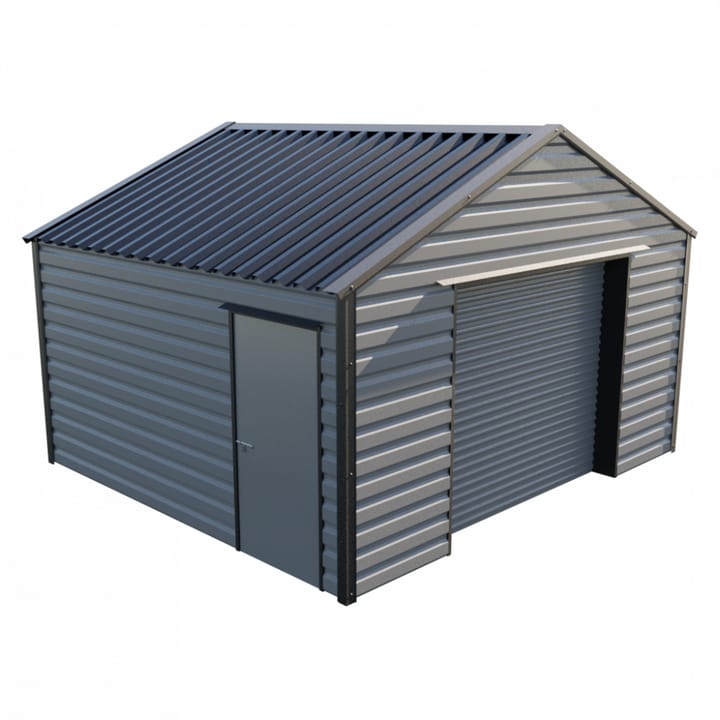 This Lifelong Apex workshop is 15ft wide x 13ft 6in long and is finished in Anthracite colour. The roller shutter is 2.44m wide allowing for easy access. The personnel door can be positioned on either the left or the right and can be hinged on either side.