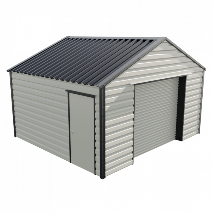 This Lifelong Apex workshop is 15ft wide x 13ft 6in long and is finished in Goosewing Grey colour. The roller shutter is 2.44m wide allowing for easy access. The personnel door can be positioned on either the left or the right and can be hinged on either side.