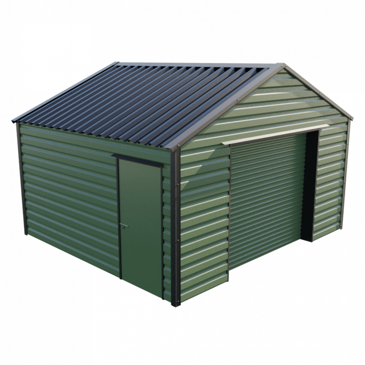 This Lifelong Apex workshop is 15ft wide x 13ft 6in long and is finished in Olive colour. The roller shutter is 2.44m wide allowing for easy access. The personnel door can be positioned on either the left or the right and can be hinged on either side.