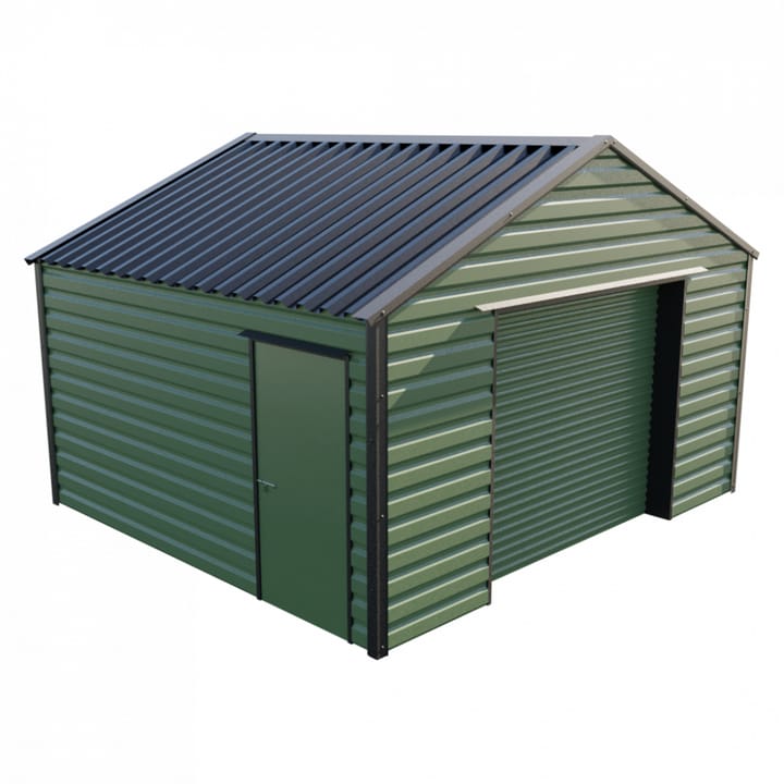 This Lifelong Apex workshop is 15ft wide x 13ft 6in long and is finished in Olive colour. The roller shutter is 2.44m wide allowing for easy access. The personnel door can be positioned on either the left or the right and can be hinged on either side.