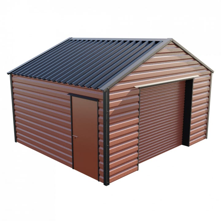 This Lifelong Apex workshop is 15ft wide x 13ft 6in long and is finished in Terracotta colour. The roller shutter is 2.44m wide allowing for easy access. The personnel door can be positioned on either the left or the right and can be hinged on either side.