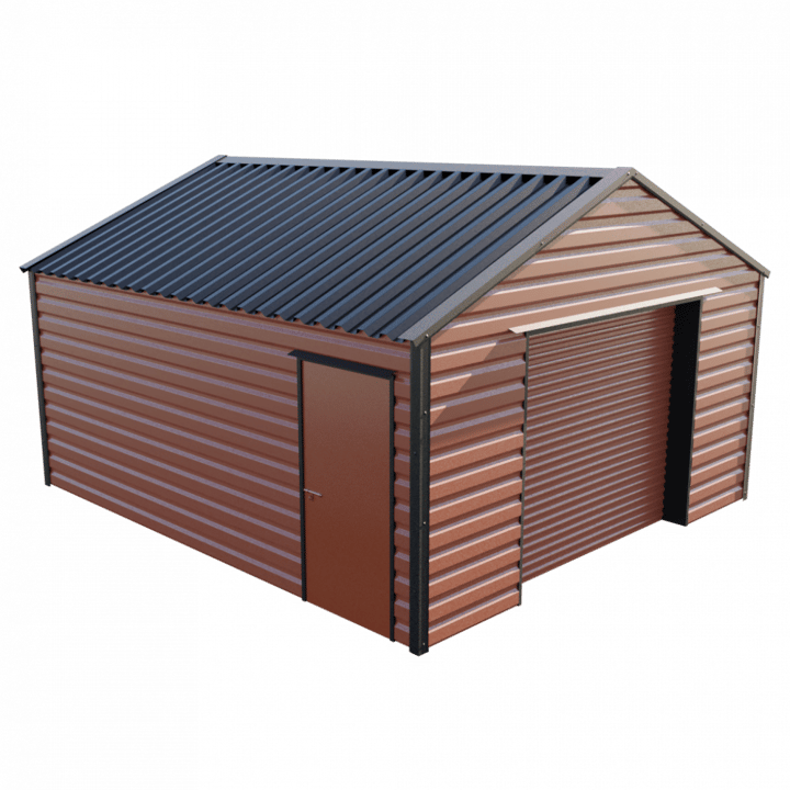 This Lifelong Apex workshop is 15ft wide x 16ft 9in long and is finished in Terracotta colour. The roller shutter is 2.44m wide allowing for easy access. The personnel door can be positioned on either the left or the right and can be hinged on either side.
