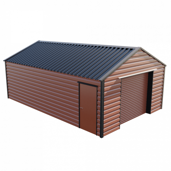 This Lifelong Apex workshop is 13ft wide x 23ft 3in long and is finished in Terracotta colour. The roller shutter is 2.44m wide allowing for easy access. The personnel door can be positioned on either the left or the right and can be hinged on either side.