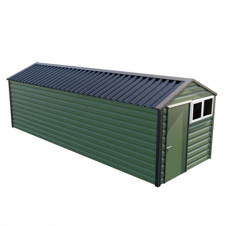 This Lifelong Apex is 8ft wide x 23ft long and is finished in Olive colour. The door can be positioned on either the left or the right and can be hinged on either side.