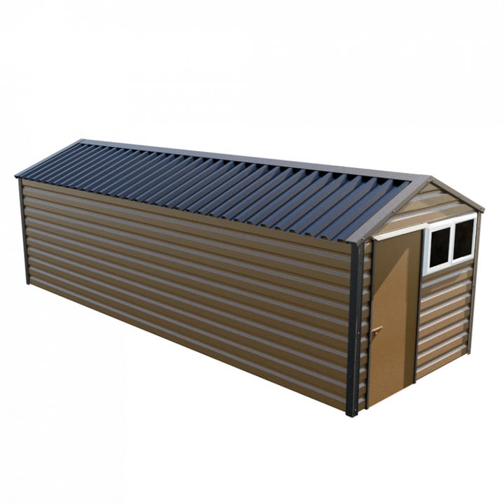 This Lifelong Apex is 8ft wide x 23ft long and is finished in Vandyke Brown colour. The door can be positioned on either the left or the right and can be hinged on either side. 