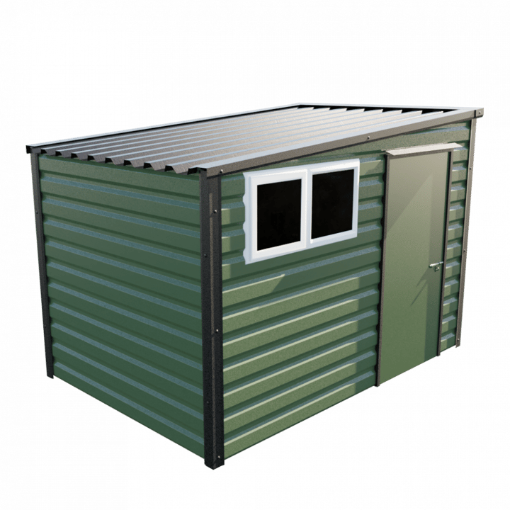 This Lifelong Pent is 10ft wide x 7ft deep and is finished in Olive colour. The door can be positioned on either the left or the right and can be hinged on either side.