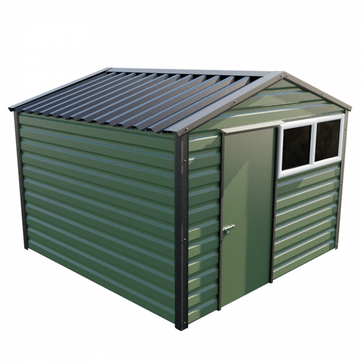 This Lifelong Apex is 10ft wide x 10ft long and is finished in Olive colour. The door can be positioned on either the left or the right and can be hinged on either side.