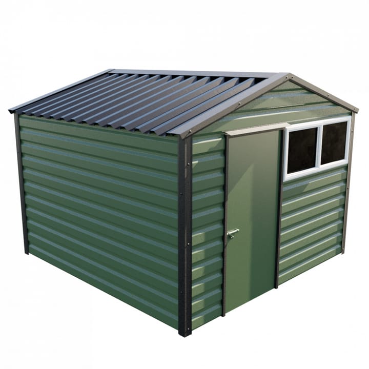 This Lifelong Apex is 10ft wide x 10ft long and is finished in Olive colour. The door can be positioned on either the left or the right and can be hinged on either side.