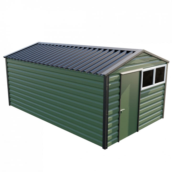 This Lifelong Apex is 10ft wide x 17ft long and is finished in Olive colour. The door can be positioned on either the left or the right and can be hinged on either side.