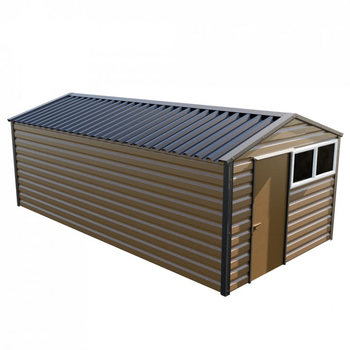 This Lifelong Apex is 10ft wide x 20ft long and is finished in Vandyke Brown colour. The door can be positioned on either the left or the right and can be hinged on either side. 