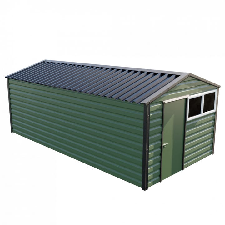 This Lifelong Apex is 10ft wide x 20ft long and is finished in Olive colour. The door can be positioned on either the left or the right and can be hinged on either side.