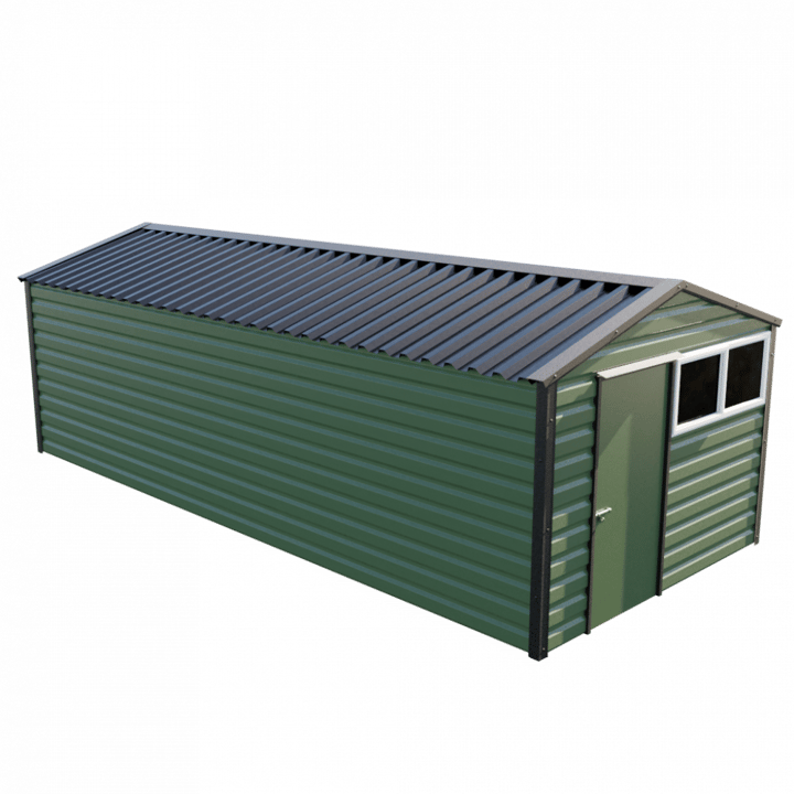 This Lifelong Apex is 10ft wide x 23ft long and is finished in Olive colour. The door can be positioned on either the left or the right and can be hinged on either side.