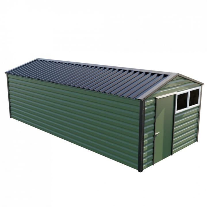 This Lifelong Apex is 10ft wide x 23ft long and is finished in Olive colour. The door can be positioned on either the left or the right and can be hinged on either side.